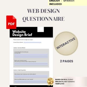 Puede incluir: Una plantilla de cuestionario de diseño web en formato PDF, con un diseño interactivo de dos páginas. El documento incluye un informe de diseño de sitio web con secciones para servicios ofrecidos y propuesta de valor, en inglés y español.