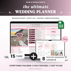 Puede incluir: Un planificador de bodas digital para Excel y Google Sheets con 15 pestañas y 8 diseños de organizador de escritorio. La interfaz muestra detalles de la boda, una cuenta regresiva y herramientas de búsqueda de proveedores. Creado por Blessday.