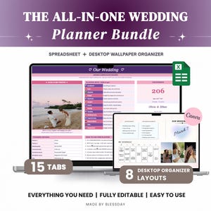 Puede incluir: El All-In-One Wedding Planner Bundle incluye una hoja de cálculo con 15 pestañas y un organizador de fondo de escritorio con 8 diseños. La interfaz digital muestra detalles de la boda, una cuenta regresiva y herramientas de planificación.