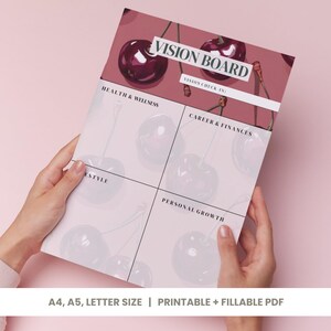Puede incluir: Una plantilla de tablero de visión imprimible con un fondo temático de cerezas de color rojo oscuro. El documento incluye secciones tituladas Vision Board, Vision Check-In, Health & Wellness, Career & Finances, Lifestyle y Personal Growth.