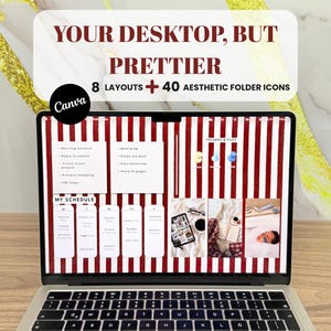 Pode incluir: Uma tela de laptop exibindo um organizador de desktop digital com um fundo de listras vermelhas e brancas. A interface inclui uma agenda, listas de tarefas e ícones de pastas. O texto na tela diz: YOUR DESKTOP, BUT PRETTIER, 8 LAYOUTS + 40 AESTHETIC FOLDER ICONS, Canva, MY SCHEDULE, FOLDERS & FILES.