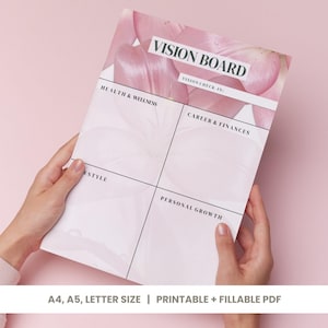Puede incluir: Una plantilla de tablero de visión impresa en papel con un fondo floral rosa. El documento incluye el texto VISION BOARD, VISION CHECK-IN, HEALTH & WELLNESS, CAREER & FINANCES, LIFESTYLE y PERSONAL GROWTH. El texto inferior dice A4, A5, LETTER SIZE | PRINTABLE + FILLABLE PDF.