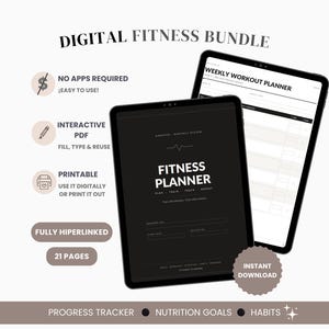 Fitness Planner Digital & Printable | Undated Workout Tracker, Habit Tracker, Meal Planner, Goal Journal | GoodNotes iPad PDF