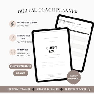 Personal Trainer Client Log, Digital Undated Coaching and Session Tracker, Fillable & Printable, 3 Sizes