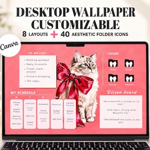 Puede incluir: Un fondo de escritorio personalizable en una pantalla de portátil que muestra un gato con un gran lazo rojo. La interfaz incluye una lista de tareas, un horario semanal, iconos de carpetas y una sección de tablero de visión sobre fondo coral.