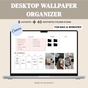 Puede incluir: Un organizador de fondo de escritorio digital en una pantalla de portátil, con 8 diseños y 40 iconos de carpeta. La interfaz incluye secciones para una lista de tareas, carpetas, archivos y un horario semanal, con etiquetas para Mac y Windows.