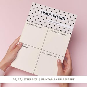 Puede incluir: Una plantilla de tablero de visión impresa en papel con un patrón de puntos negros en la parte superior. El texto dice VISION BOARD y VISION CHECK-IN. El diseño está dividido en cuatro secciones etiquetadas como Health & Wellness, Career & Finances, Lifestyle y Personal Growth.