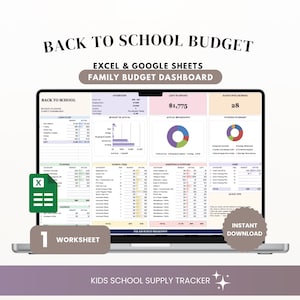 Puede incluir: Un panel digital de presupuesto de regreso a clases para Excel y Google Sheets en la pantalla de una computadora portátil. La interfaz incluye secciones para flujo de caja, financiamiento, tarifas escolares, compras y suministros con gráficos.