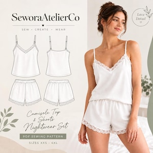 May include: A white camisole top and shorts nightwear set featuring delicate lace trim along the V-neckline and the hem of the shorts. The image includes a technical line drawing of the garment pattern with the text SeworaAtelierCo.