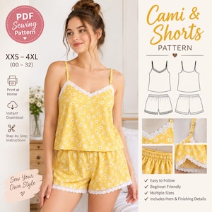 May include: A yellow camisole and shorts set featuring a white daisy floral print and white lace trim. The camisole has thin adjustable straps and a V-neckline. The shorts have an elastic waistband and lace-trimmed hems. The image includes text: Cami & Shorts PATTERN, XXS – 4XL, Print at Home, Instant Download, Step-by-Step Instructions, Sew Your Own Style, Easy to Follow, Beginner Friendly, Multiple Sizes, Includes Hem & Finishing Details.