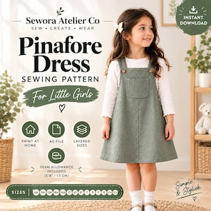 Könnte beinhalten: Ein Schnittmuster für ein Trägerkleid von Sewora Atelier Co. Das Schnittmuster enthält eine Nahtzugabe von 1,5 cm und Größen von 6M bis 12-15. Das Bild zeigt ein Kind in einem salbeigrünen Trägerkleid über einem weißen Langarmshirt.