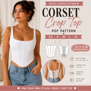 May include: A digital sewing pattern for a white corset crop top. The image displays the text CORSET Crop Top, PDF PATTERN, XS-XL, and includes technical line drawings of the front and back, plus a photo of the back with lace-up detail.