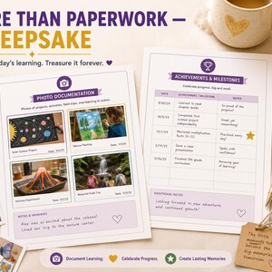 Graphic titled More Than Paperwork, A Keepsake, capture today's learning, treasure it forever. A Photo Documentation page filled with real snapshots of projects and field trips sits beside an Achievements and Milestones log, styled with a heart mug, candle, dried lavender, and gold pen. A small hanging tag reads the little moments become the biggest memories. Icons read Document Learning, Celebrate Progress, and Create Lasting Memories, for this homeschool portfolio kit.