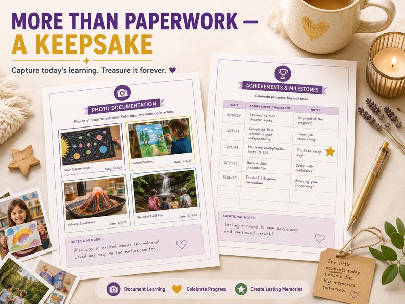 Graphic titled More Than Paperwork, A Keepsake, capture today's learning, treasure it forever. A Photo Documentation page filled with real snapshots of projects and field trips sits beside an Achievements and Milestones log, styled with a heart mug, candle, dried lavender, and gold pen. A small hanging tag reads the little moments become the biggest memories. Icons read Document Learning, Celebrate Progress, and Create Lasting Memories, for this homeschool portfolio kit.
