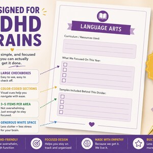 Graphic titled Designed for ADHD Brains, clean, simple, and focused so you can actually get it done. A purple Language Arts subject divider page is shown with large checkboxes and curriculum fields, styled beside a small potted plant and gold pen. Icons list large checkboxes, color-coded sections, 3 to 5 items per area, and generous white space, with a badge noting it's perfect for homeschool portfolios, evaluations, and co-ops, showing the ADHD-friendly design of this homeschool portfolio kit.