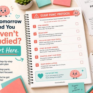 K&ouml;nnte beinhalten: Ein spiralgebundenes Notizbuch mit dem Titel Exam Panic Protocol, das eine Checkliste mit sechs Schritten zum Lernen enth&auml;lt. Die Seite zeigt Illustrationen eines rosa Gehirns, Anleitungstext und K&auml;stchen zum Ankreuzen neben einem Taschenrechner.