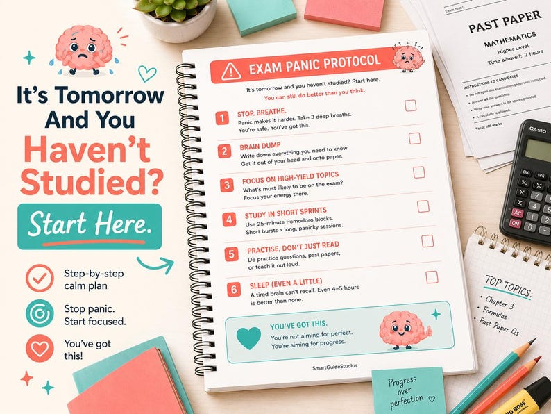 K&ouml;nnte beinhalten: Ein spiralgebundenes Notizbuch mit dem Titel Exam Panic Protocol, das eine Checkliste mit sechs Schritten zum Lernen enth&auml;lt. Die Seite zeigt Illustrationen eines rosa Gehirns, Anleitungstext und K&auml;stchen zum Ankreuzen neben einem Taschenrechner.