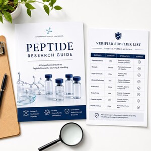 May include: A Peptide Research Guide booklet and a Verified Supplier List document. The guide features a molecular structure graphic, four glass vials with blue caps, and text. The list is a table with supplier names, countries, and checkmarks.