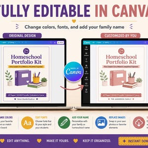 Graphic titled Fully Editable in Canva, change colors, fonts, and add your family name. Two laptop mockups show an Original Design purple Homeschool Portfolio Kit cover transforming, via the Canva logo, into a pink Customized By You version labeled The Anderson Family. Icons read Change Colors, Edit Fonts, Add Your Name, Replace Images, and Save & Download, with footer text reading edit anything, make it yours, keep it organized, instant download.