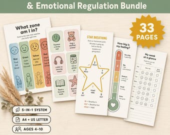 Könnte beinhalten: Ein Set zur emotionalen Regulation mit 33 druckbaren Seiten. Enthält ein Zonen-Diagramm, eine Stern-Atemübung, ein Gefühls-Thermometer und einen Wochenplaner. Das 5-in-1-System ist für Kinder im Alter von 4 bis 10 Jahren konzipiert.