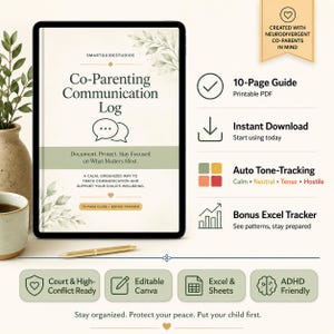 Può includere: Un tablet digitale mostra una guida di 10 pagine Co-Parenting Communication Log con dettagli di foglie verde salvia. Lo schermo include testo come Document, Protect, Stay Focused on What Matters Most, tracciamento automatico del tono e un tracker Excel.