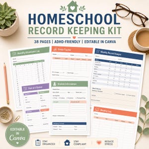 May include: A homeschool record keeping kit featuring 38 pages of printable templates including a monthly attendance log, grade tracker, weekly record keeper, student information sheet, year at a glance, and reading log, all editable in Canva.