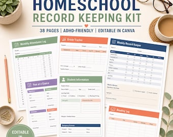 May include: A homeschool record keeping kit with 38 pages, editable in Canva. The kit includes a monthly attendance log, grade tracker, weekly record keeper, year at a glance, student information, and reading log sheets with colorful headers.