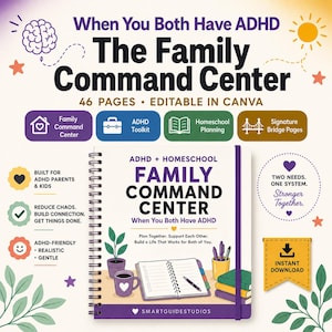 May include: A spiral-bound planner titled ADHD + Homeschool Family Command Center When You Both Have ADHD. The cover features illustrations of a potted plant, a coffee mug, an open notebook with a pen, and a cup with writing utensils.