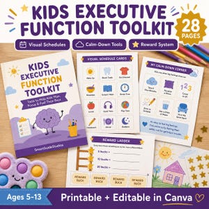 Pode incluir: Um kit de ferramentas de funções executivas para crianças com 28 páginas imprimíveis, incluindo cartões de horários visuais, um guia de canto da calma e uma escada de recompensas. Inclui uma capa com um cérebro roxo e autocolantes.