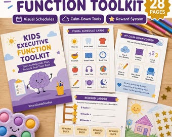 Könnte beinhalten: Ein Kids Executive Function Toolkit mit einem 28-seitigen druckbaren Set, das visuelle Planungskarten, eine Anleitung für eine Ruhe-Ecke und eine Belohnungsleiter enthält. Das Set umfasst ein Cover mit einer lila Gehirnfigur und Sternaufkleber.