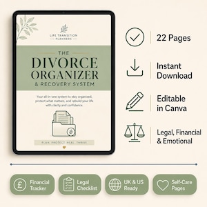 Scheidungs-Organizer und Checklisten-Paket | Druckbare und bearbeitbare Canva-Vorlage | Rechtsanwalts- und Finanzplaner (UK/USA) | Arbeitsbuch zur Bewältigung der Trennung