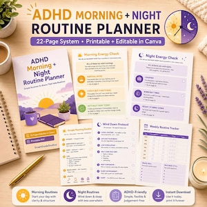 Puede incluir: Un sistema de planificador de rutinas de mañana y noche para TDAH de 22 páginas, imprimible y editable. El conjunto incluye una portada, controles de energía matutinos y nocturnos, un protocolo de descanso y un rastreador de rutinas semanal en tonos morados y amarillos.