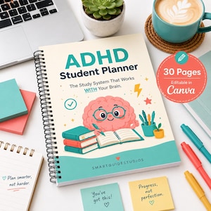 Può includere: Un'agenda per studenti ADHD con rilegatura a spirale e copertina color crema che mostra un cervello a cartone animato con occhiali che scrive su un libro. Il testo recita ADHD Student Planner, The Study System That Works WITH Your Brain e SmartGuideStudios.