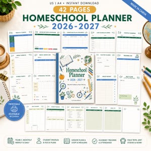 May include: A 42-page homeschool planner for 2026-2027, featuring a central cover with educational illustrations like a globe, apple, and books. The set includes various printable templates such as monthly calendars, lesson plans, attendance trackers, and grade logs, all designed for organised academic scheduling.