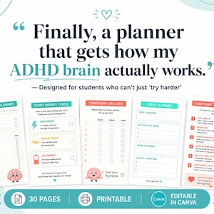 K&ouml;nnte beinhalten: Ein druckbares Planer-Set mit f&uuml;nf Seiten, betitelt als Daily Study Planner, Study Energy Check, Pomodoro Tracker, Essay Planner und Exam Panic Protocol. Die Seiten enthalten eine Cartoon-Gehirnfigur, Kontrollk&auml;stchen und Text f&uuml;r Studierende.