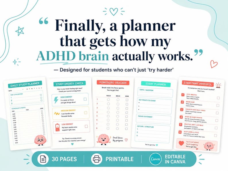 K&ouml;nnte beinhalten: Ein druckbares Planer-Set mit f&uuml;nf Seiten, betitelt als Daily Study Planner, Study Energy Check, Pomodoro Tracker, Essay Planner und Exam Panic Protocol. Die Seiten enthalten eine Cartoon-Gehirnfigur, Kontrollk&auml;stchen und Text f&uuml;r Studierende.