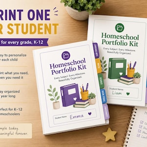 Graphic titled Print One Per Student, works for every grade, K-12. Two printed Homeschool Portfolio Kit covers lie on a wood desk, one purple labeled Student Name Emma and one green labeled Student Name Liam, both showing colored subject tabs. Icons read Easy to Personalize for Each Child, Print What You Need, Stay Organized All Year Long, and Perfect for K-12 Homeschoolers, with text reading simple today, meaningful forever, beside a notebook listing organized, documented, memories, confidence.