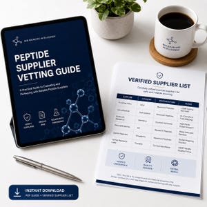 Puede incluir: Una tableta que muestra la Peptide Supplier Vetting Guide con un gráfico molecular, junto a una Verified Supplier List impresa, un bolígrafo plateado y una taza blanca con el logo de B2B Sourcing Intelligence, con un botón de descarga inmediata.