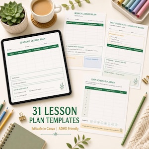 May include: A digital tablet displaying a weekly lesson plan template alongside printed daily lesson plan sheets, a Charlotte Mason lesson plan, and a loop schedule planner. The documents feature green headers, grid tables, and small leaf illustrations.