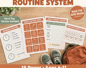 Könnte beinhalten: Ein ADHD-Schulroutine-System bestehend aus gedruckten Karten mit Morgenroutinen, visuellen Routinekarten, einem wöchentlichen Belohnungs-Tracker und Übergangswarnkarten mit Textbeschriftungen und Symbolen für tägliche Aufgaben.