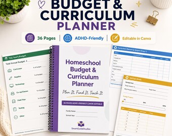 Puede incluir: Un planificador de presupuesto y plan de estudios para educación en casa con encuadernación en espiral de 36 páginas, portada blanca y texto morado Plan It, Fund It, Teach It. Incluye hojas de presupuesto, seguimiento y metas de ahorro.