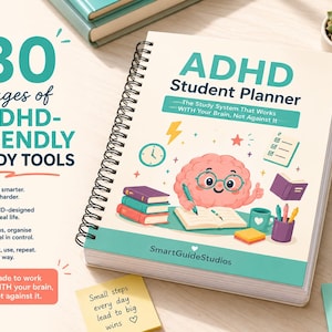 K&ouml;nnte beinhalten: Ein spiralgebundener ADHD-Studentenplaner mit cremefarbenem Einband, der eine Gehirn-Cartoon-Figur, B&uuml;cher und eine Uhr zeigt. Der Text lautet ADHD Student Planner, The Study System That Works WITH Your Brain, Not Against It und SmartGuideStudios.