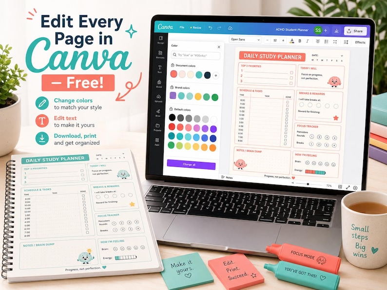 K&ouml;nnte beinhalten: Ein Laptop mit einer Canva-Oberfl&auml;che und einer t&auml;glichen Studienplaner-Vorlage, daneben ein gedruckter Spiralplaner, zwei Textmarker mit der Aufschrift Focus Mode und You've Got This sowie eine Tasse mit dem Text Small steps Big wins.