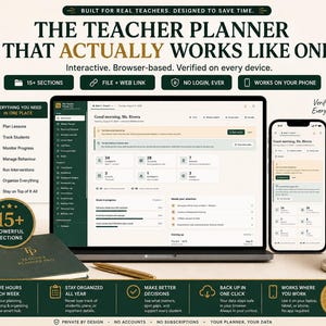 May include: A digital teacher planner displayed on a laptop and smartphone screen, featuring a dashboard with student data, lesson plans, and progress tracking. The interface includes text such as The Teacher Planner That Actually Works Like One.