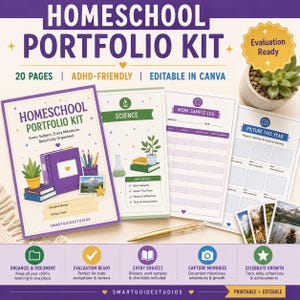 Op de afbeelding: Een Homeschool Portfolio Kit met 20 pagina's, bewerkbaar in Canva. Bevat een voorpagina, wetenschap-tussenblad, werklogboek en fotopagina. Voorzien van paarse en groene accenten, een gouden pen en een kleine vetplant in een pot.