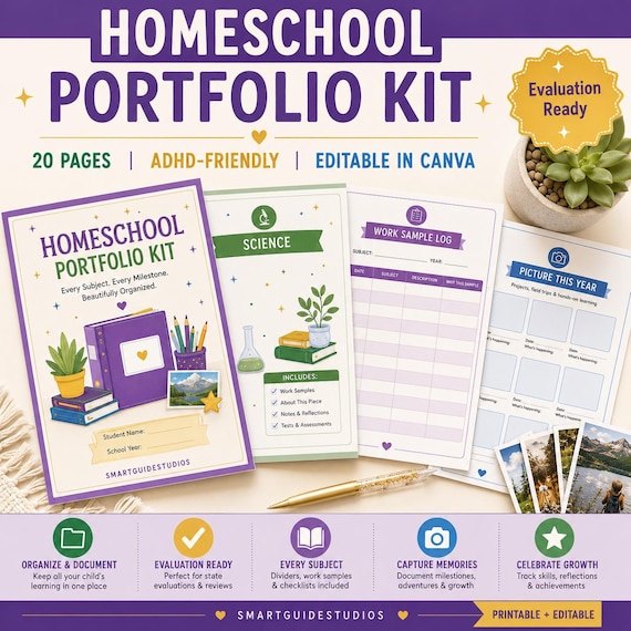 Homeschool Portfolio Kit, ADHD Friendly Planner, Editable Canva Template, K-12 Subject Dividers, Work Sample Log, Skill Checklist Binder