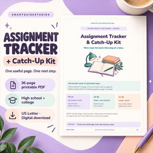 Puede incluir: Un kit de seguimiento de tareas y recuperación de 36 páginas en PDF imprimible para estudiantes de secundaria y universidad. El documento incluye una ilustración de escritorio con lámpara, libros y bolígrafo, junto a secciones para planificar.