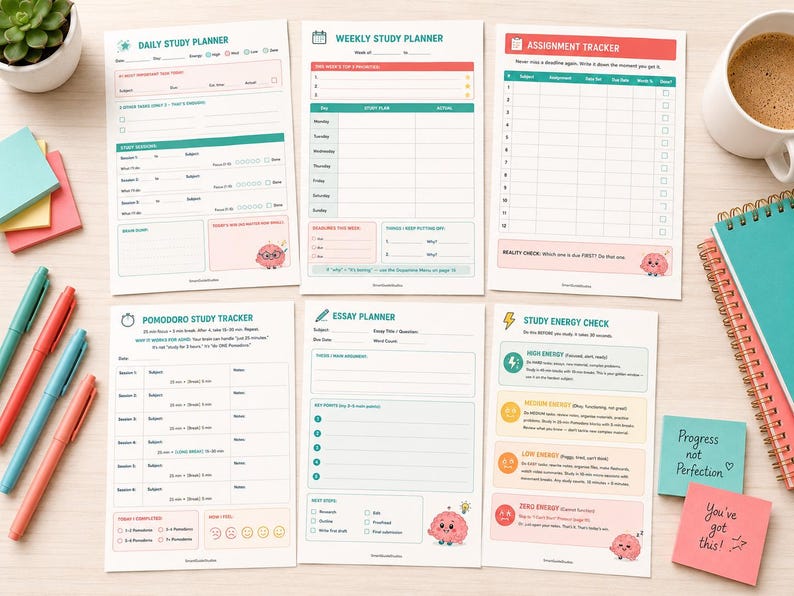 K&ouml;nnte beinhalten: Sechs gedruckte Lernplaner-Bl&auml;tter, bestehend aus Tagesplaner, Wochenplaner, Aufgabenverfolgung, Pomodoro-Lern-Tracker, Aufsatzplaner und Energie-Check. Jedes Blatt enth&auml;lt strukturierte Abschnitte, Kontrollk&auml;stchen und ein kleines Gehirn-Symbol.