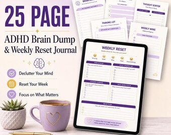 ADHD Brain Dump Journal Printable | 25 Page Weekly Reset Planner | Editable Canva Template | Overwhelm Anxiety Burnout | Instant Download