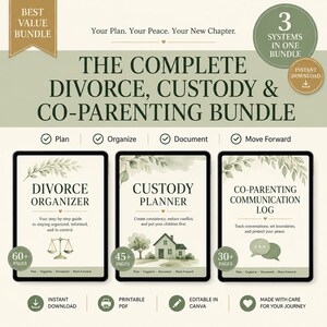 May include: A digital bundle featuring three planners: Divorce Organizer, Custody Planner, and Co-Parenting Communication Log. The set includes 60+, 45+, and 30+ pages respectively, with green leaf accents, a house illustration, and scales of justice.